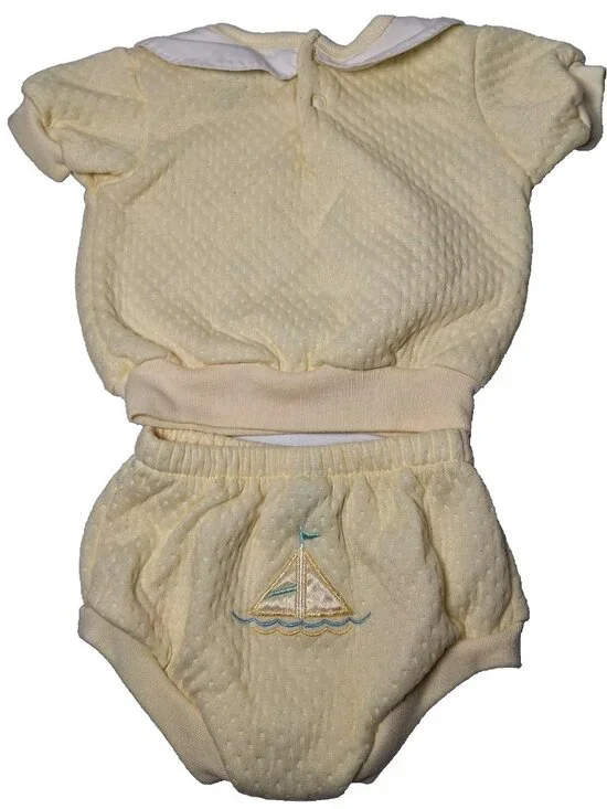 Vintage Baby Outfit Small Steps 6/9 Mos Yellow Sailboat Shirt Set Nautical 2 Pc - Picture 2 of 16